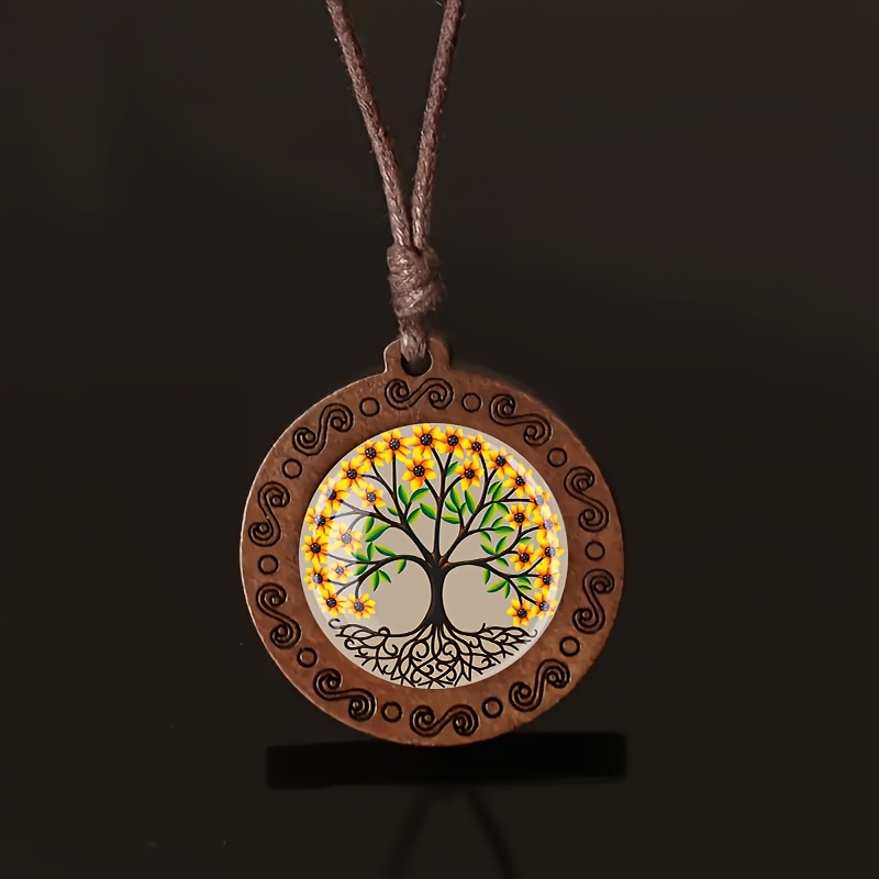 Sunflower Tree of Life Wooden Necklace, Retro Gift